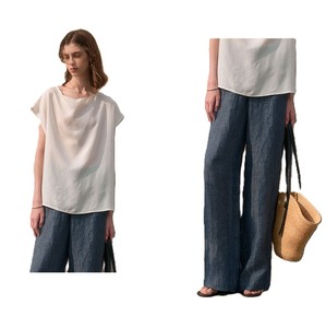Women Linen Wide Leg Pants High <b>Elastic</b> Waist Loose Full Length Solid Color Minimalist Summer Breathable Woven Trousers - Product Image 5