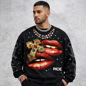 T-shirt court à manches longues et col rond pour homme, style vintage urbain, avec motif Saint, effet vieilli, strass et pulvérisation arc-en-ciel personnalisée - Product Image 1