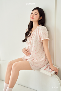 B2 MUM B904 ชุดกางเกงขาสั้นผ้าลินินพิมพ์ลายดอกไม้สีชมพูสำหรับหญิงตั้งครรภ์นุ่มสบายระบายอากาศได้ดีกระเป๋าเอวยางยืดปรับได้ - Product Image 5