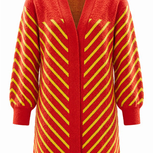 <b>Women</b> Long <b>Red</b> Knitted <b>Cardigan</b> With Yellow Stripes Open Front Casual Winter Wear 100% Acrylic Anti-Pilling Full Sleeve - Product Image 6