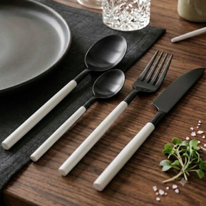 <b>Black</b> Colour Coated Flatware <b>Set</b> White Handles Modern Design Dishwasher Safe Spoon Fork Knife Dinnerware <b>Cutlery</b> <b>Set</b> of 4 - Product Image 4