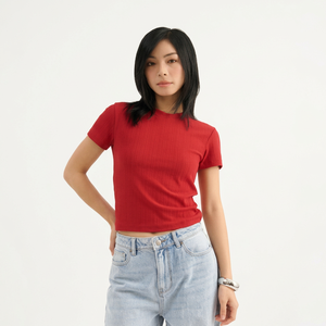 <b>Red</b> Short Sleeve <b>Crop</b> <b>Top</b> O-Neck Knitted Solid Color Casual Fit Women's T-Shirt - Product Image 5