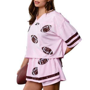 Custom Women’s Cropped Pink American Football Jersey V Neck Sports Inspired Two Piece Short Set Private Label Apparel Supplier - Product Image 5