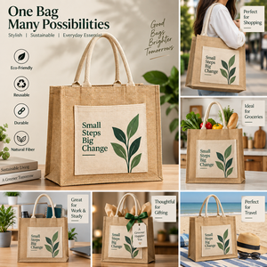 Eco-Friendly Jute Tote <b>Bag</b> with Printed Leaf Design Small Size Double Shoulder & <b>Rope</b> Handles-Reusable Gift & Shopping <b>Bag</b> - Product Image 5