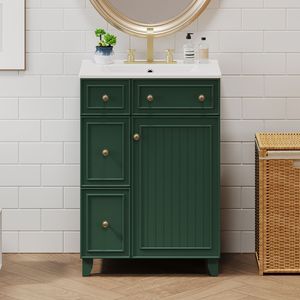 Mobile da Bagno Verde Foresta da 24 Pollici con 2 Cassetti, 1 Anta a Chiusura Morbida e Lavabo in Ceramica - Product Image 2