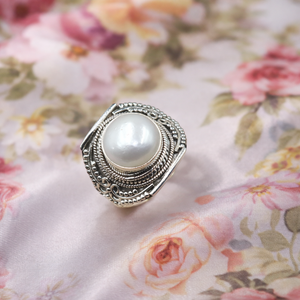 Mother of Pearl Round Cabochon <b>Ring</b> 925 Sterling <b>Silver</b> Vintage Boho <b>Statement</b> Handmade Filigree Design Women Jewelry for Men - Product Image 4