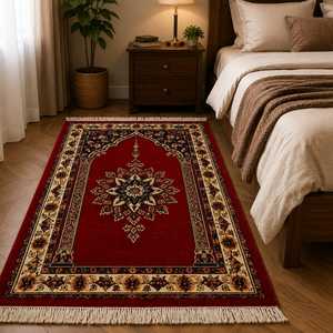 Premium Hand Knotted NZ <b>Wool</b> Islamic Prayer Rug – Traditional Floral <b>Red</b> <b>Wool</b> Rug - Product Image 3