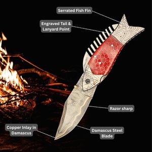 San-Mai <b>Copper</b> Damascus Multi-Functional Hunting Camping EDC Knife Fishing Folding Pocket Knife Steel Engraved Honey Comb Handle - Product Image 4