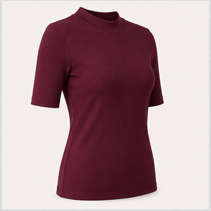 Camiseta de Mujer Color Borgoña, Cuello Alto, Manga hasta el Codo, Corte Ajustado, Tejido Acanalado, WTS-0037 - Product Image 4