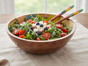 Bol en bois artisanal de qualité supérieure avec intérieur coloré et deux cuillères en bois pour servir la salade, vaisselle de cuisine moderne - Product Image 5