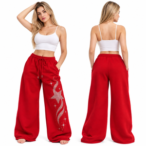 Pantalon de survêtement ample en molleton imprimé avec strass pour femme, avec cordon de serrage, coupe décontractée, idéal pour l'hiver - Product Image 2