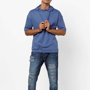 Men's Blue Solid Hooded <b>Short</b> <b>Sleeve</b> Pullover Sweatshirt Casual Drawstring <b>Hoodie</b> - Product Image 4