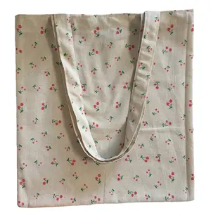 棉麻购物手提包单肩包生态可重复使用的红色樱桃印花