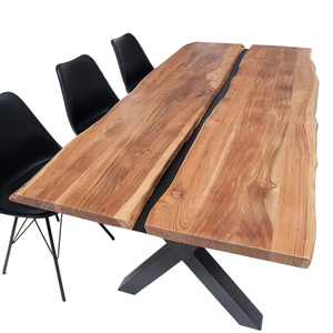 <b>Industrial</b> Furniture Solid Acacia Wooden Live Edge Irregular Shape Top With Center Black Plate Design Metal X Legs Dining <b>Table</b> - Product Image 1