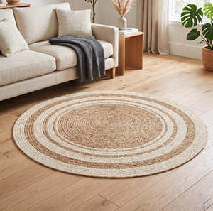 Tapis rond en jute tressé à la main de 5 pieds avec un tissage artisanal superposé pour les maisons de style farmhouse - Product Image 5