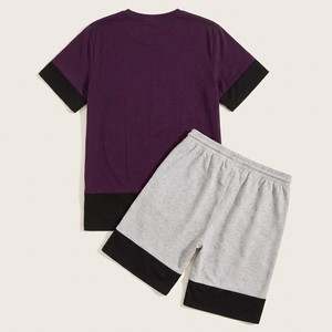 Wholesale Custom Men's Purple Gray <b>T</b> <b>Shirt</b> And Shorts Set Casual Summer Color Block Two Piece Outfit Crew Neck Lounge Sportswear - Product Image 2