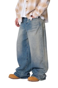 Jean ample vintage délavé pour homme, bleu moyen, écologique, respirant, coupe décontractée, en denim mi-lourd, streetwear durable - Product Image 2