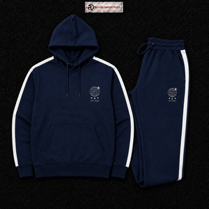 Men's Navy Blue Hooded Tracksuit Full Sleeve Solid Color Casual <b>Sweatshirt</b> And Pants Set With <b>White</b> Side Stripes And Logo Print - Product Image 5