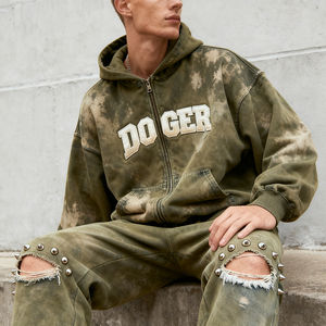 Sweat à capuche pour homme en molleton tricoté, style rétro, avec appliqué et effet délavé à l'acide, personnalisé OEM, et ensemble de jogging deux pièces gaufré, style streetwear - Product Image 3