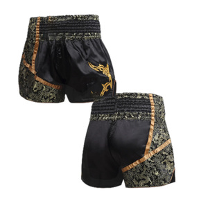 Men's Black Satin Muay Thai Shorts With Gold Embroidery High Waist <b>Elastic</b> Closure Casual Style - Product Image 5