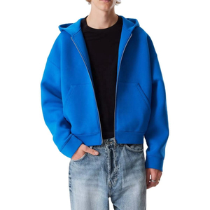 Sudadera con capucha azul extragrande para hombre, con cremallera, estilo casual, color liso. Servicio de etiquetas y empaques privados disponible. OEM ODM. - Product Image 1
