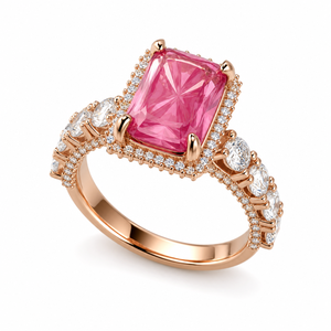 <b>Pink</b> Cushion Halo Statement Ring Luxury 14K Rose Gold Lab Grown Diamond Cocktail Rhodium Plated Anniversary Engagement <b>Wedding</b> - Product Image 1