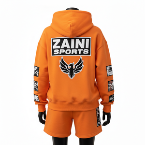 Conjunto de Sudadera con Capucha y Pantalones Cortos para Mujer, 320 GSM, Felpa de Algodón Premium, Diseño con Paneles Naranjas, Estampado Puff, Logotipo Personalizado, Ropa Urbana - Product Image 2