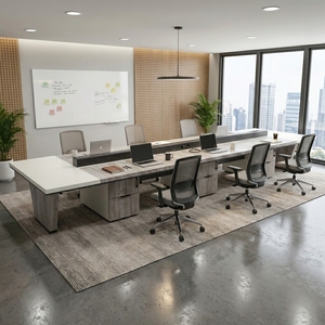 Bureau de travail modulaire multi-postes en bois massif avec tiroirs intégrés, gestion des câbles et canal de rangement, table d'entreprise - Product Image 3