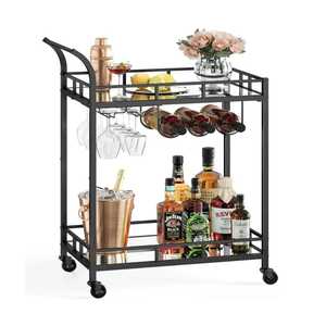 Carrito de Bar Minimalista Dorado de 2 Niveles con Estantes Anchos de Vidrio, Carrito de Servicio con Ruedas, Estante para Botellas de Vino y Soporte para Copas - Product Image 6