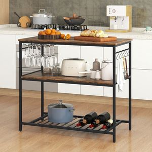 Industrial <b>Kitchen</b> Island with 3 Shelves and Bottom Wine Rack <b>Prep</b> <b>Table</b> for Efficient <b>Kitchen</b> Organization - Product Image 1
