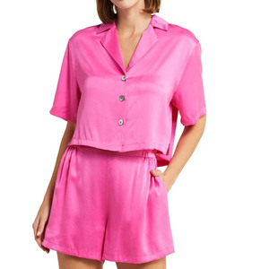 Women's Red Satin Short Sleeve Pajama Set With White <b>Trim</b> Button Front Shorts Sleepwear Summer Elegant Style - Product Image 6