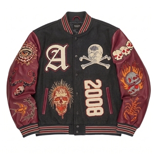 Veste universitaire pour homme, vert foncé, manches blanches, patch en chenille, lettres brodées, style baseball, coupe-vent, tricot côtelé rayé - Product Image 5