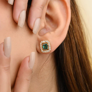 18K Gold Square Cut <b>Emerald</b> and Diamond Statement <b>Stud</b> <b>Earrings</b> - Product Image 1