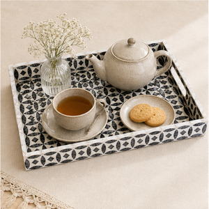 Wholesale Geometric <b>Decorative</b> Tray Black and White <b>Moroccan</b> Bone Inlay Coffee Table Ottoman Tray with Cutout Handles - Product Image 4