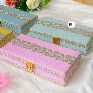 Elegant Pastel Handcrafted Jewellery Box Set soft <b>pink</b> powder blue and mint green fabric adorned with delicate floral embroidery - Product Image 1