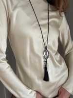 Collier long fait main en acier inoxydable avec pendentif macramé et pompon de perles d'eau douce, style bohème, cadeau bouddhiste
