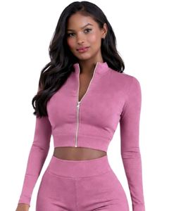 Conjunto de yoga de dos piezas rosa personalizado para mujer, top corto con cremallera y pantalones acampanados de cintura alta, ropa elástica para gimnasio, fabricante personalizado OEM - Product Image 2