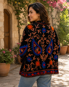 Handmade Floral Embroidered <b>Velvet</b> Jacket | Floral Suzani Style <b>Coat</b>, Boho Designer Wear - Product Image 2
