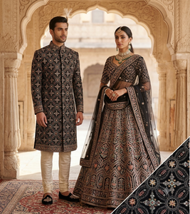 Tissu brodé noir en brocart avec motif géométrique mandala pour la décoration intérieure, abaya, lahenga, sherwani, kaftan - Product Image 6
