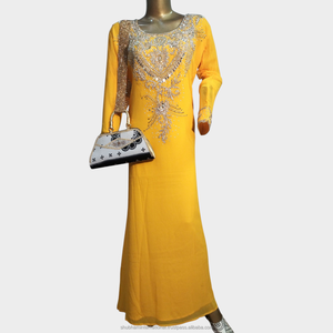 Mustard Yellow Luxury Embroidered Kaftan <b>Dress</b> with <b>Silver</b> Crystal Work Long Sleeve Party Wear - Product Image 1