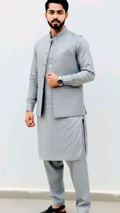 Ensemble Kurta Pajama gris clair pour homme, tenue traditionnelle indienne et pakistanaise pour mariage, avec gilet, ensemble 3 pièces - Product Image 4