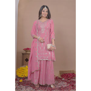 Suministro Directo de Fábrica al por Mayor: Traje Sharara de Georgette Sintético Pesado con Dupatta de Georgette y Bordados, Estilo Indio - Product Image 1