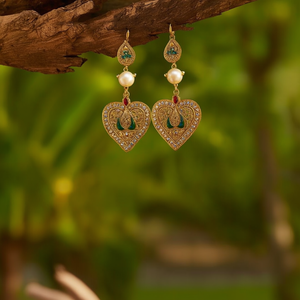 Chandelier Drop Pearl Stud Earrings-Ethnic Religious Heart Pendant Jhumka - Product Image 3