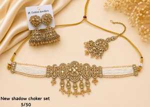 Ethnic Gold Plated Alloy <b>Crystal</b> Rhinestone Tempal Laxmi Necklace Jewellery <b>Set</b> High Quality Flower Design IGI Certified Women's - Product Image 4