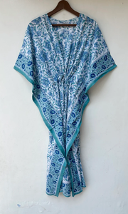 Nuevo y Elegante Kaftán con Estampado Animal, Cuello en V, Cordón Ajustable, Manga Corta, Corte Evase, de Algodón Suave Indio, con Encaje, Largo Completo, para Playa - Product Image 6