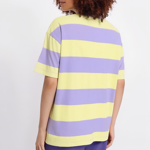 เสื้อยืดลายทางโอเวอร์ไซส์สำหรับผู้หญิง สีม่วงเหลือง ผ้าฝ้าย คอกลม แขนสั้น ทรงหลวม แฟชั่นฤดูใบไม้ผลิและฤดูร้อน - Product Image 5