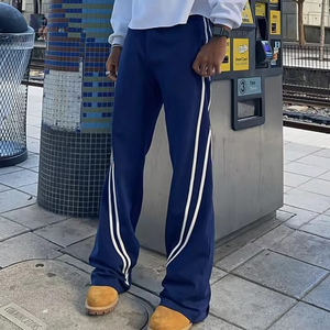 <b>Men's</b> Navy Blue Sweatpants Elastic Waist Side Stripe Casual Knitted Pants Midweight Breathable Spring Style - Product Image 4