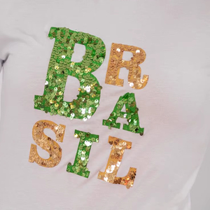 Letter Brasil Sequin Embroidery Cotton T Shirt For Women White Short Sleeve <b>Round</b> Summer Casual Fashion Apparel Handcrafted - Product Image 1