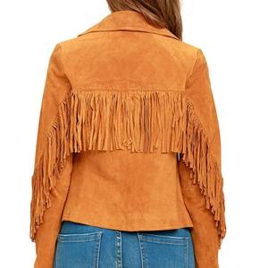 Women's <b>Suede</b> Fringed Moto <b>Jacket</b> With Zipper Closure Autumn Style Turn-down Collar Full Sleeve Regular Length - Product Image 3