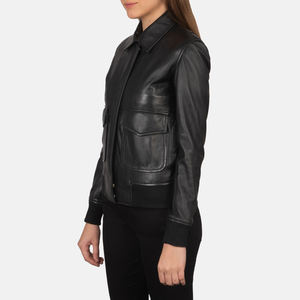 Chaqueta de Cuero Genuino Negro para Mujer, Estilo Motero, Cierre de Cremallera, Acolchada, Invierno, Bomber, Colores Personalizados, Logotipo Personalizado, Venta al Por Mayor, OEM - Product Image 2